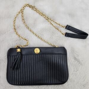 Anne Klein Vintage Black Quilted Leather Shoulder Bag Clutch with Gold Chain
